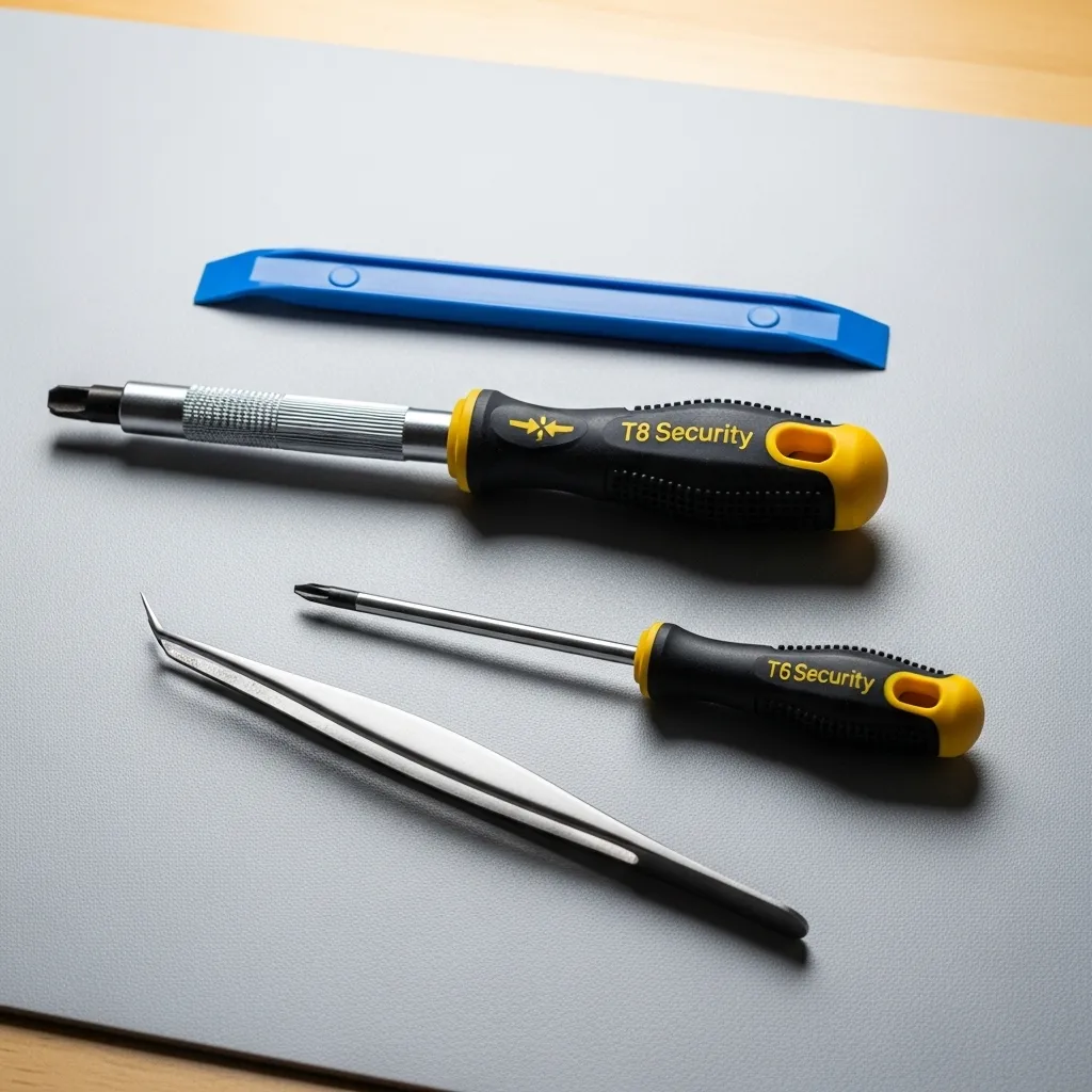 A clean workbench mat displaying a T8 Security Torx screwdriver, a T6 screwdriver, a blue plastic pry tool, and a pair of precision tweezers