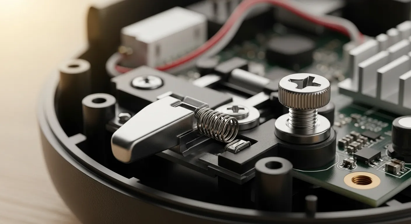 A close-up macro shot of a disassembled game controller interior, focusing on the trigger spring mechanism and a metal trigger stop screw, with soft workshop lighting.