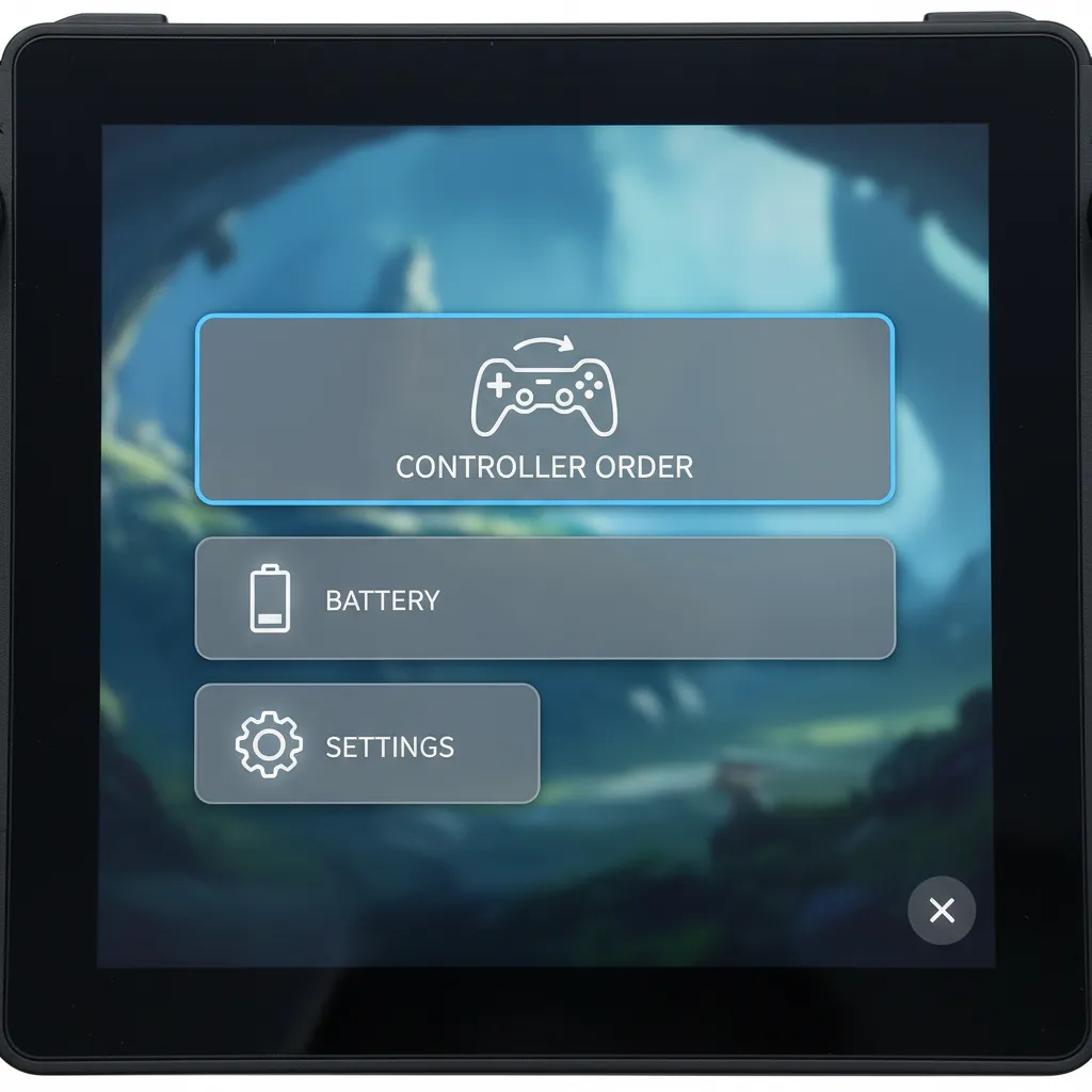 A close-up photo of a Steam Deck screen showing the Quick Access menu with the 'Reorder Controllers' very basic and very little or no text
