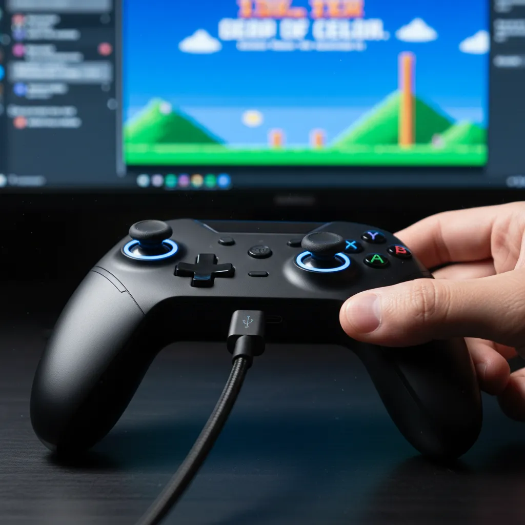 A close-up shot of a USB-C cable being plugged into a modern gamepad, with a PC monitor displaying an emulator interface blurred in the background.
