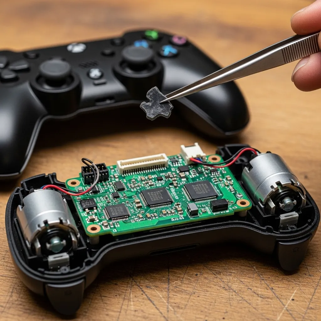 A close-up shot of an open game controller on a workbench, revealing the internal motherboard and rumble motors, with a pair of tweezers holding a tiny piece of loose black plastic debris.