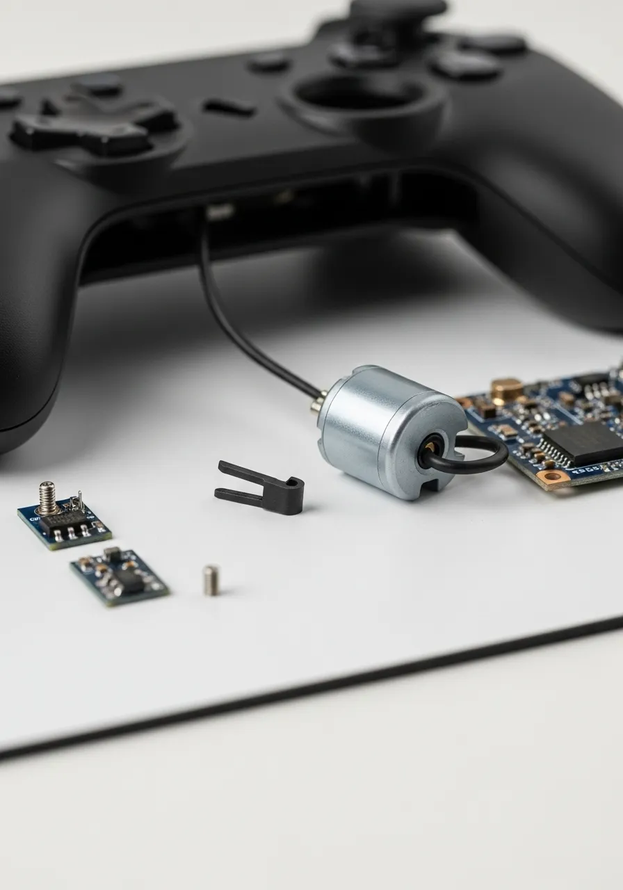 A close-up, well-lit photo of a disassembled controller on a clean white mat, focusing on a small loose plastic clip next to a vibration motor.