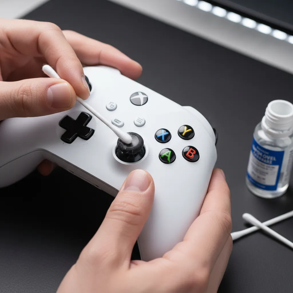 A close-up, well-lit view of a person using a cotton swab with isopropyl alcohol to clean the base of an Xbox Series X controller's analog stick.