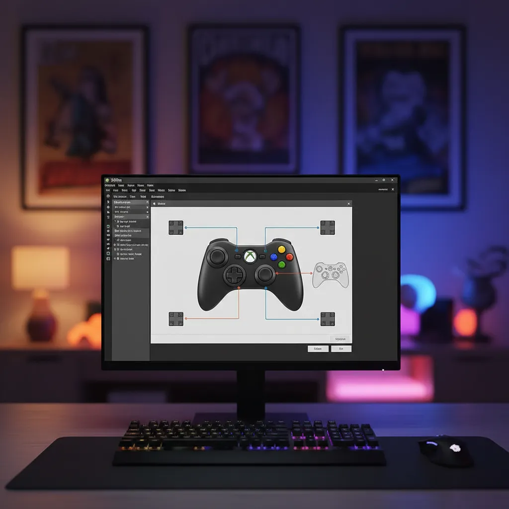 A computer monitor displaying the x360ce interface with a generic gamepad mapped to Xbox 360 controls, soft gaming room lighting in background, strictly no text/label