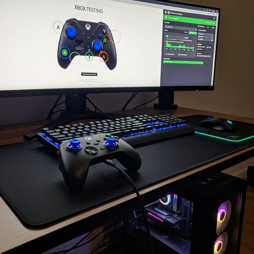 A custom Xbox Series X controller plugged into a computer, with a gamepad testing website on the monitor showing button inputs.