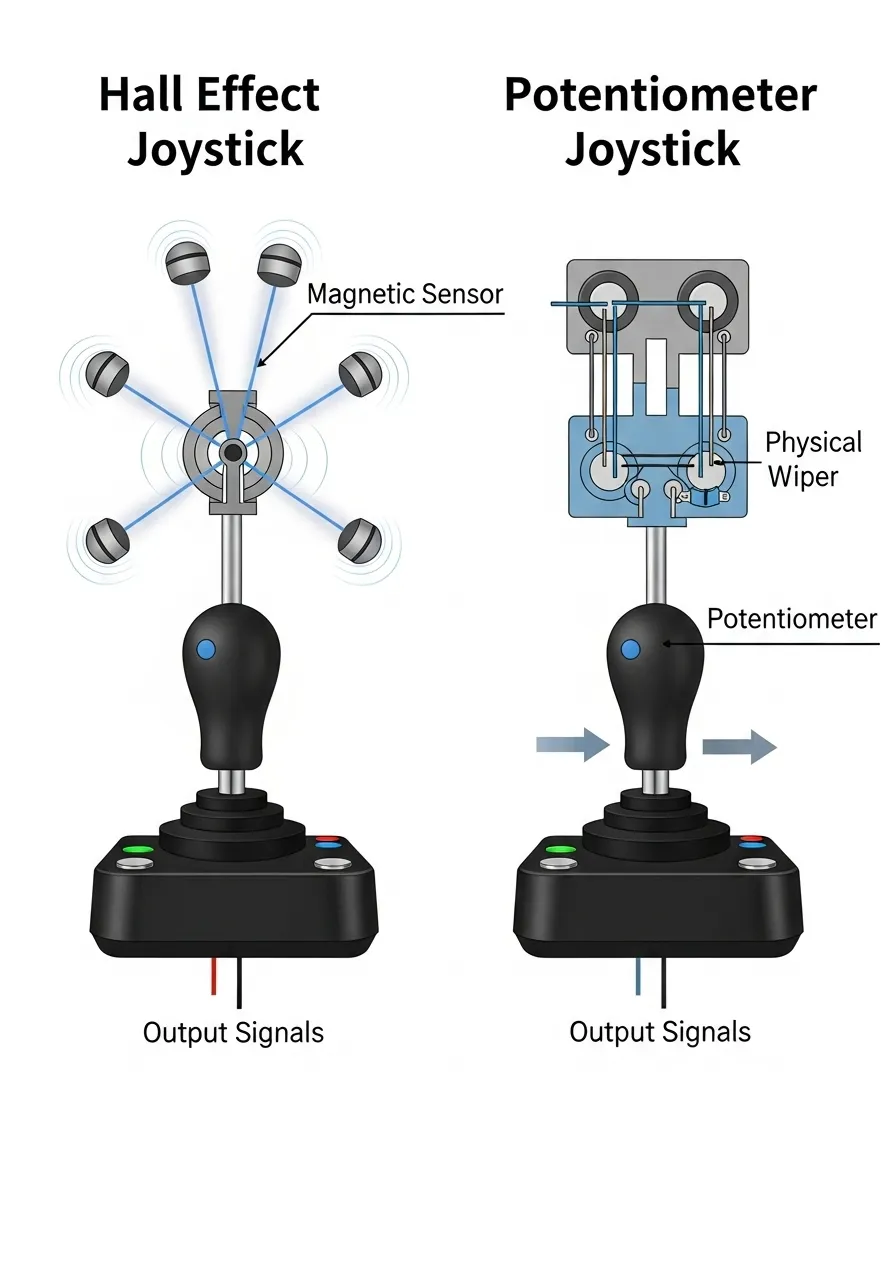 A diagram comparing the internal mechanism of a Hall effect joystick next to a potentiometer joystick, highlighting the magnetic sensor vs. the physical wiper.