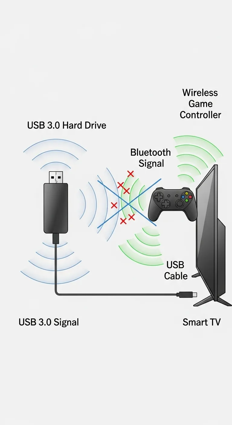 A diagram showing a USB 3.0 hard drive plugged into a TV emitting signal waves that clash with the Bluetooth signal from a game controller, no text at all on the image