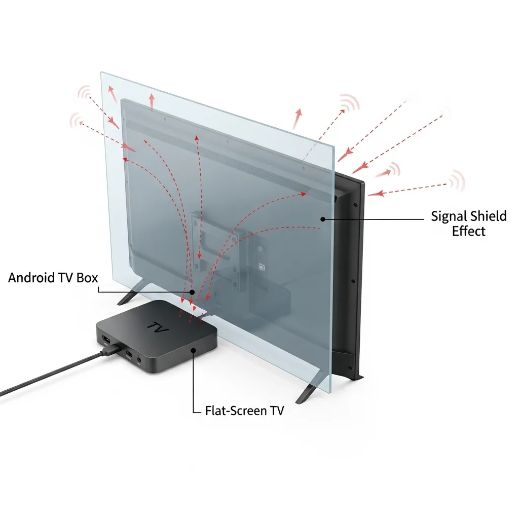 A diagram showing an Android TV box positioned behind a flat-screen TV, illustrating how the TV screen acts as a signal shield.