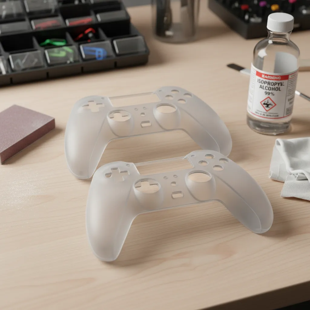A disassembled controller shell, clean and lightly sanded, laid out on a clean workbench next to sandpaper and a bottle of isopropyl alcohol.