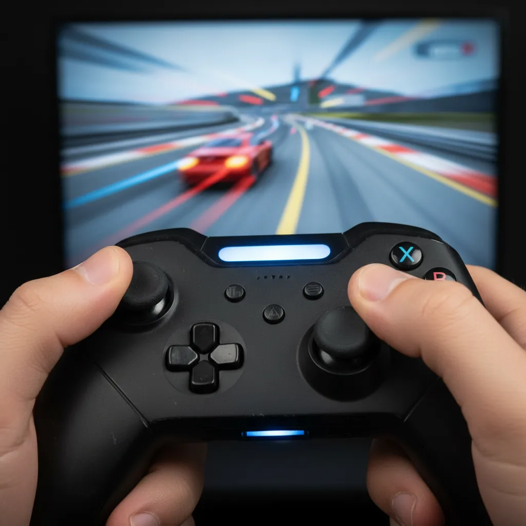 A dynamic close-up of a controller's analog stick and face buttons, with motion blur on the background screen showing a fast-paced video game.