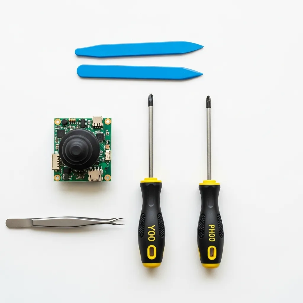 A flat lay photography shot on a white surface showing a Y00 tri-wing screwdriver, a PH00 Phillips screwdriver, blue plastic spudgers, pointed tweezers, and a replacement joystick module