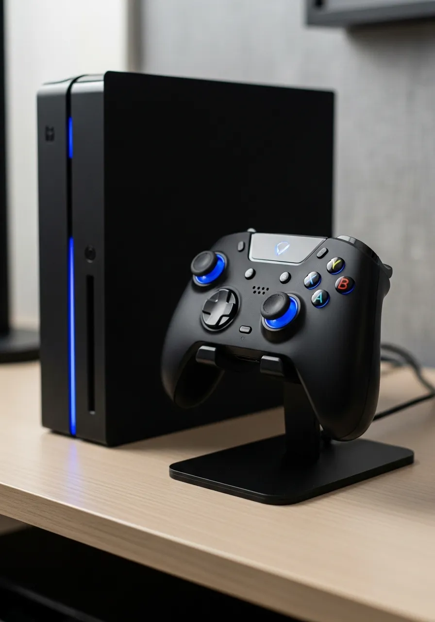 A gaming controller stored neatly on a stand next to a console, away from food or drinks.