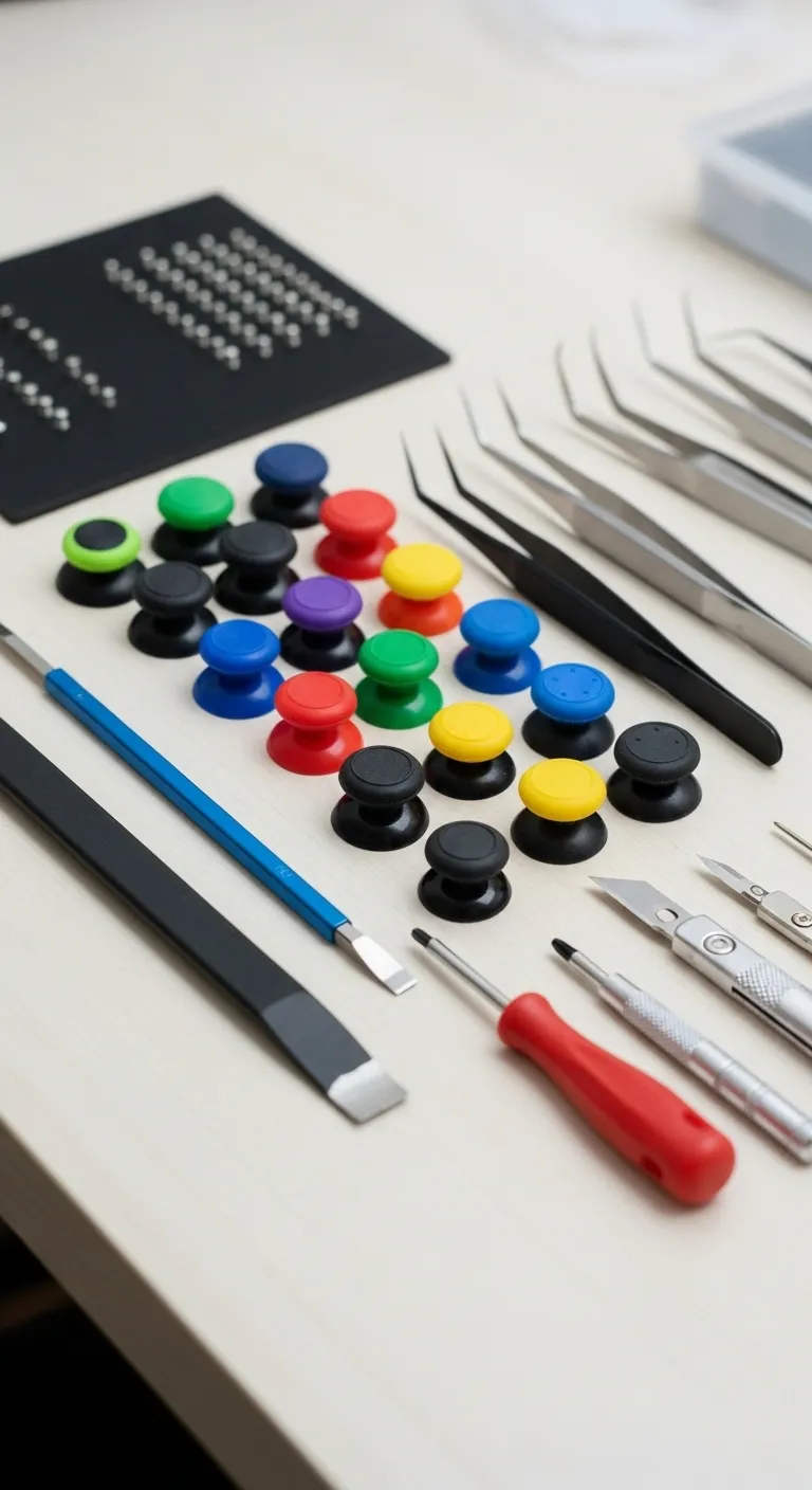 A neat layout of controller repair tools, including various thumbstick grips, a plastic pry tool, and tweezers on a clean work surface.