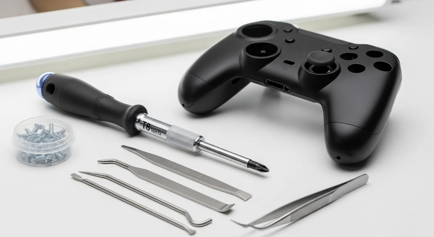 A neatly organized toolkit for controller modification, including a T8 Torx screwdriver, prying tools, and a new custom controller shell, laid out on a clean, well-lit workspace.