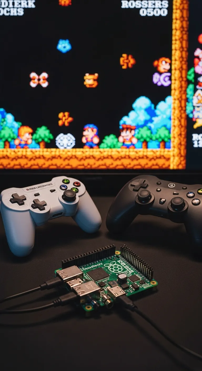 A Raspberry Pi with a USB controller plugged in and a Bluetooth controller sitting next to it, with retro game art on a screen in the background.