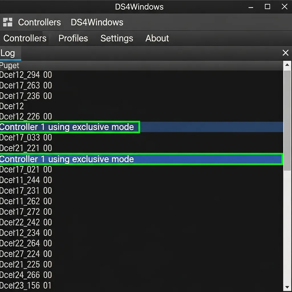 A screenshot of the DS4Windows 'Log' tab highlighting a successful 'Controller 1 using exclusive mode' message in green text.