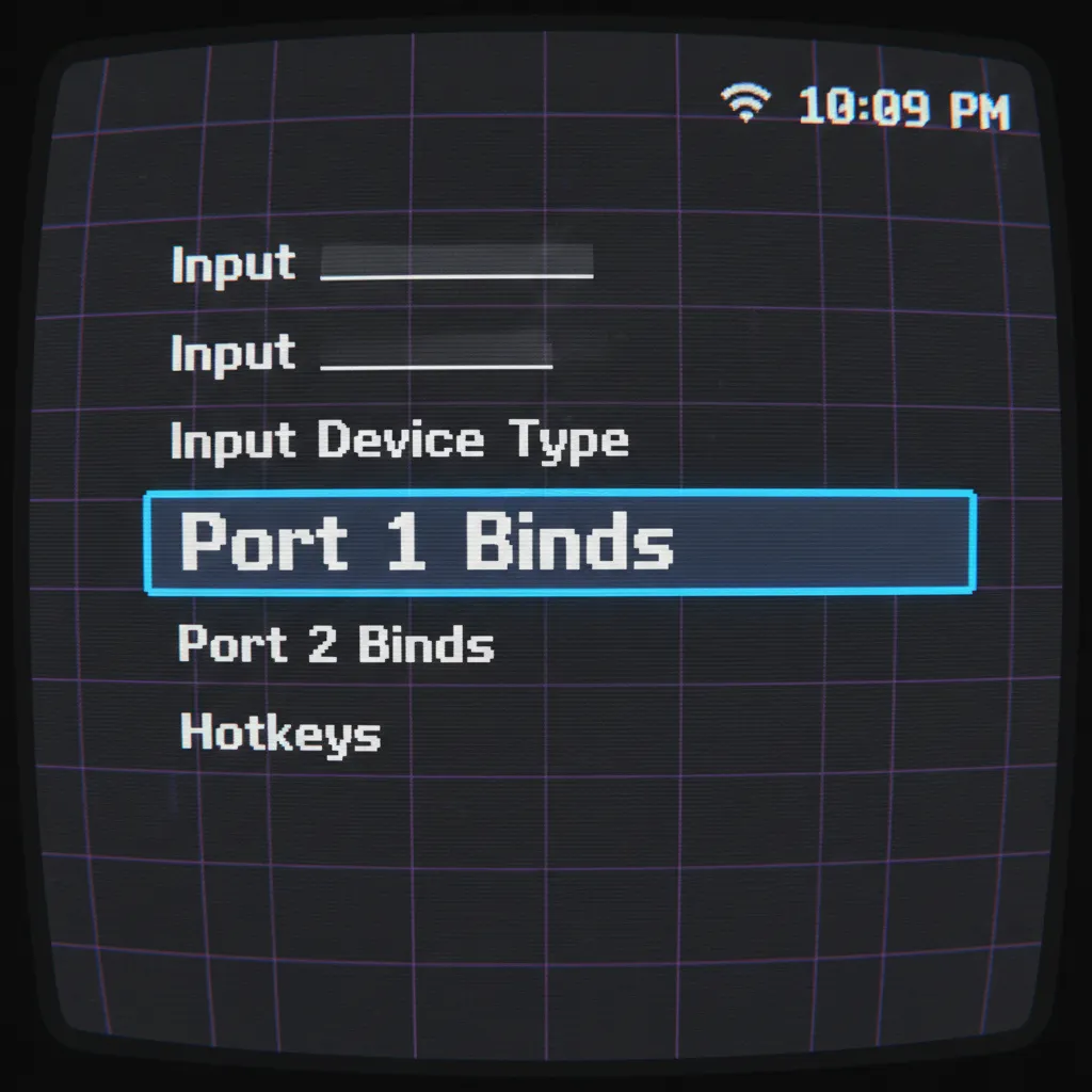 A screenshot of the RetroArch input settings menu on an Android TV, highlighting the 'Port 1 Binds' option. Zoomed in very basic little to no text on it
