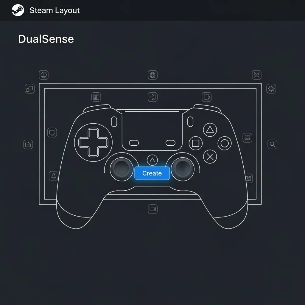 A screenshot of the Steam Controller Layout interface showing the DualSense mapping screen with the Create button highlighted. very basic almost not text, no text very basic