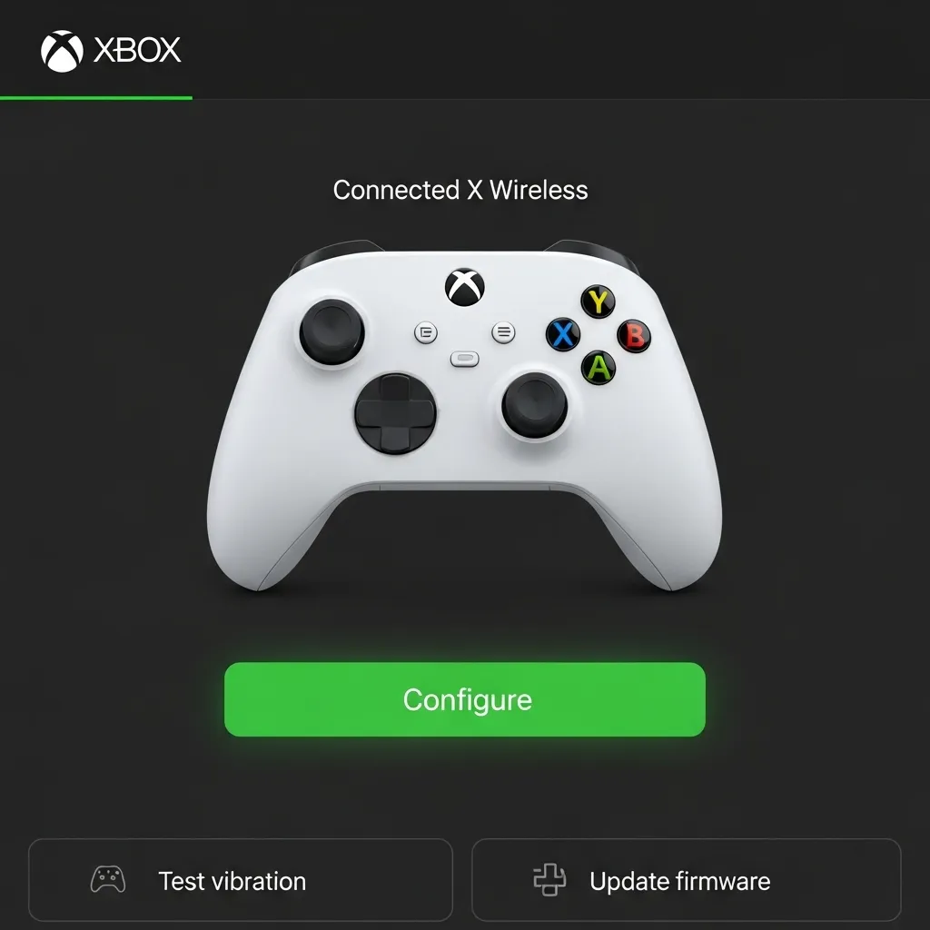 A screenshot of the Xbox Accessories App dashboard, showing a connected Xbox Series X controller and the 'Configure' button highlighted very basic no text