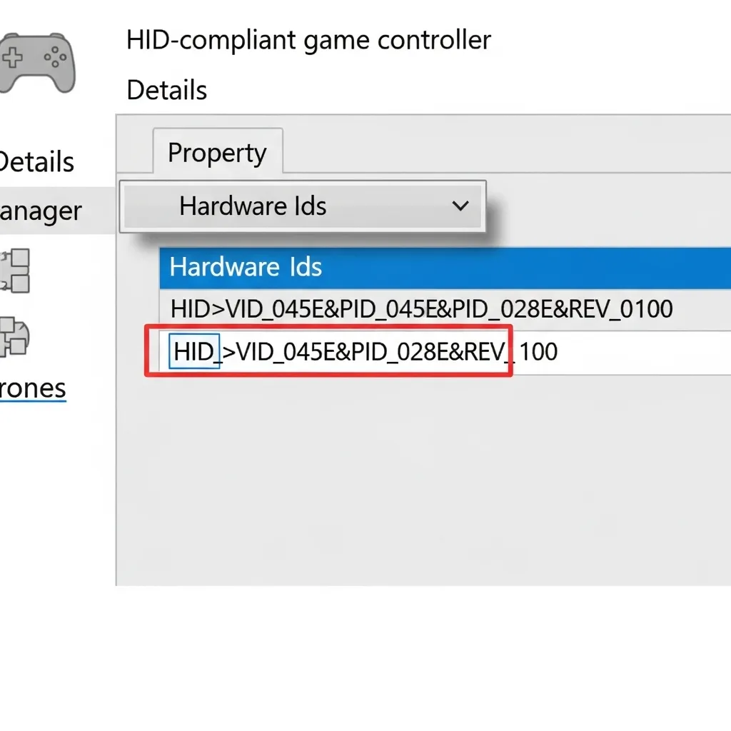 A screenshot of Windows Device Manager showing the Properties window of a gamepad with the Hardware Ids dropdown selected and the VID/PID highlighted. zoomed in very basic info almost no text