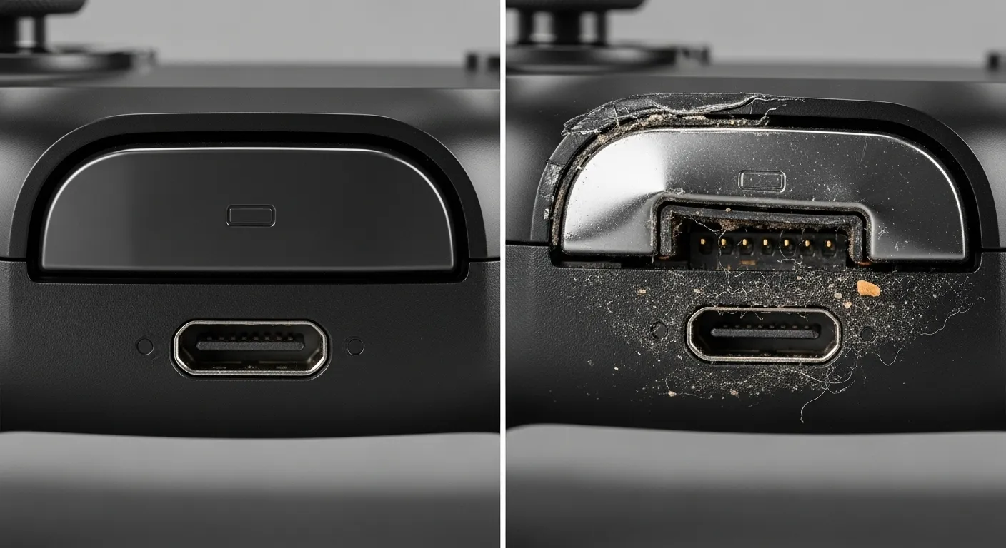 A side-by-side comparison of a clean, intact controller charging port and one that is bent or full of debris.