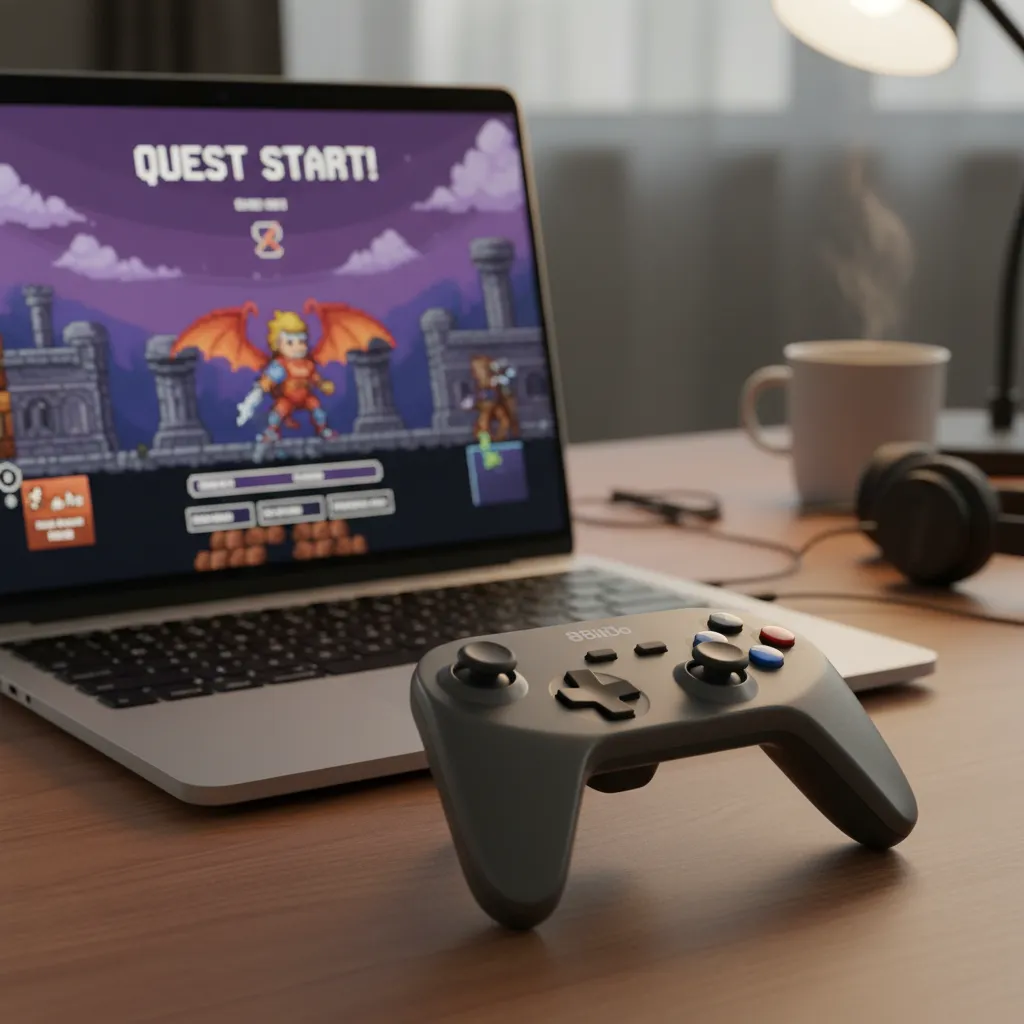 A sleek 8BitDo SN30 Pro 2 controller sitting next to a modern laptop displaying a classic 16-bit RPG on its screen, with soft, ambient lighting.