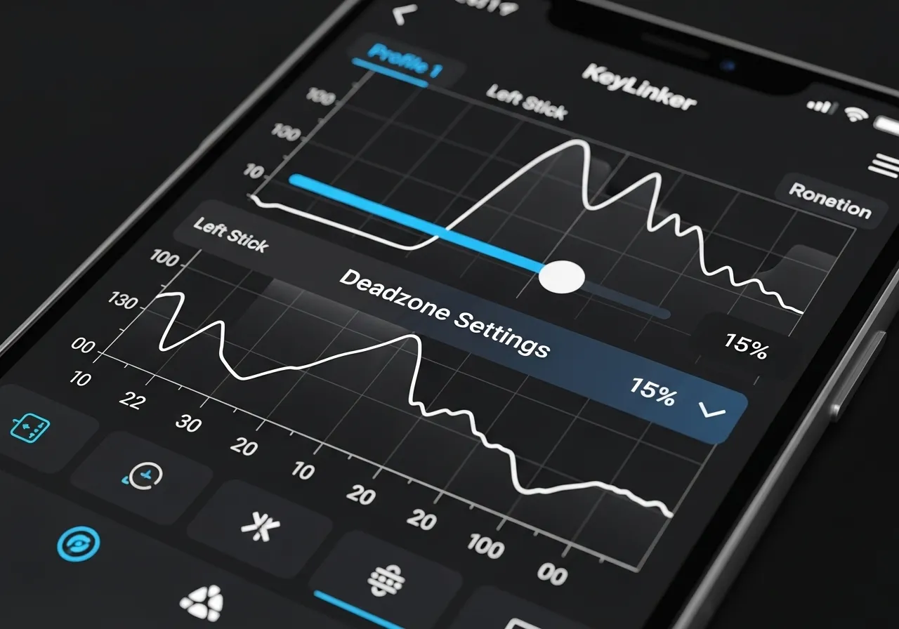A smartphone screen displaying the KeyLinker app interface with the analog stick sensitivity graph and deadzone settings slider highlighted