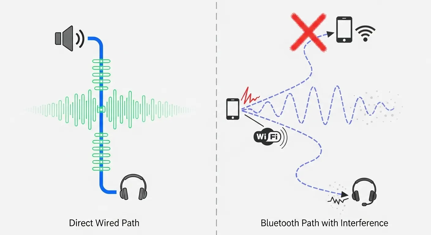 A split diagram showing a direct wired signal path versus a wavy, indirect Bluetooth signal path encountering interference.