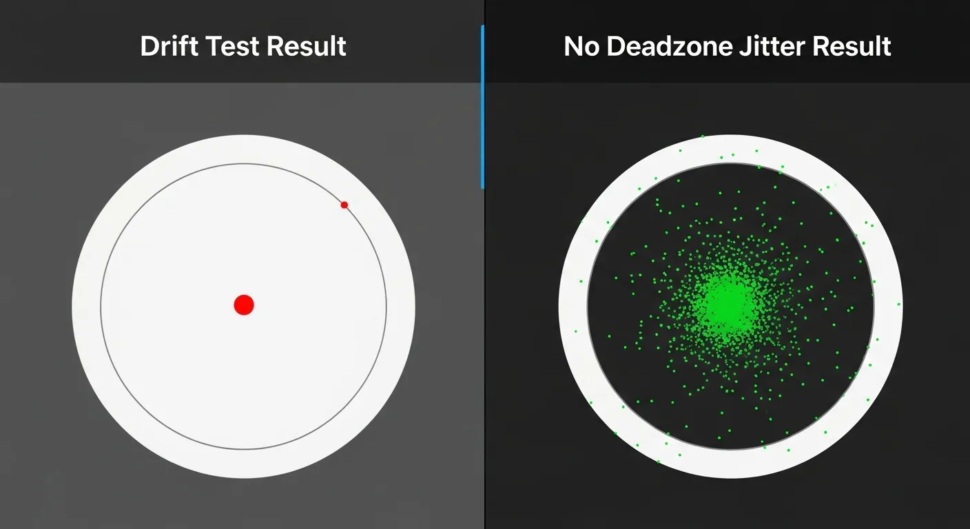 A split-screen comparison showing a 'Drift' test result with a red dot off-center versus a 'No Deadzone' jitter result