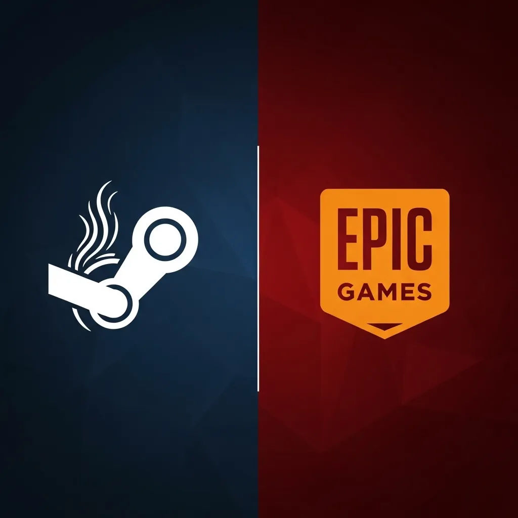 A split-screen graphic showing Steam Logo on one side and the Epic Games Logo on the other, very little or no text... logos only no text at all