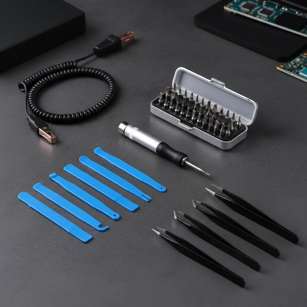 A toolkit with a precision screwdriver set, spudgers, and tweezers laid out neatly.