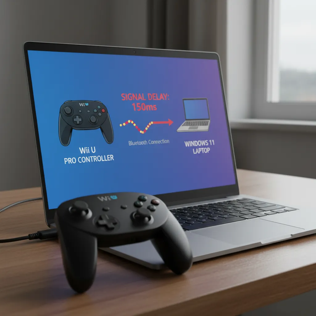 A Wii U Pro Controller next to a Windows 11 laptop, with a diagram showing a delayed signal between the two.