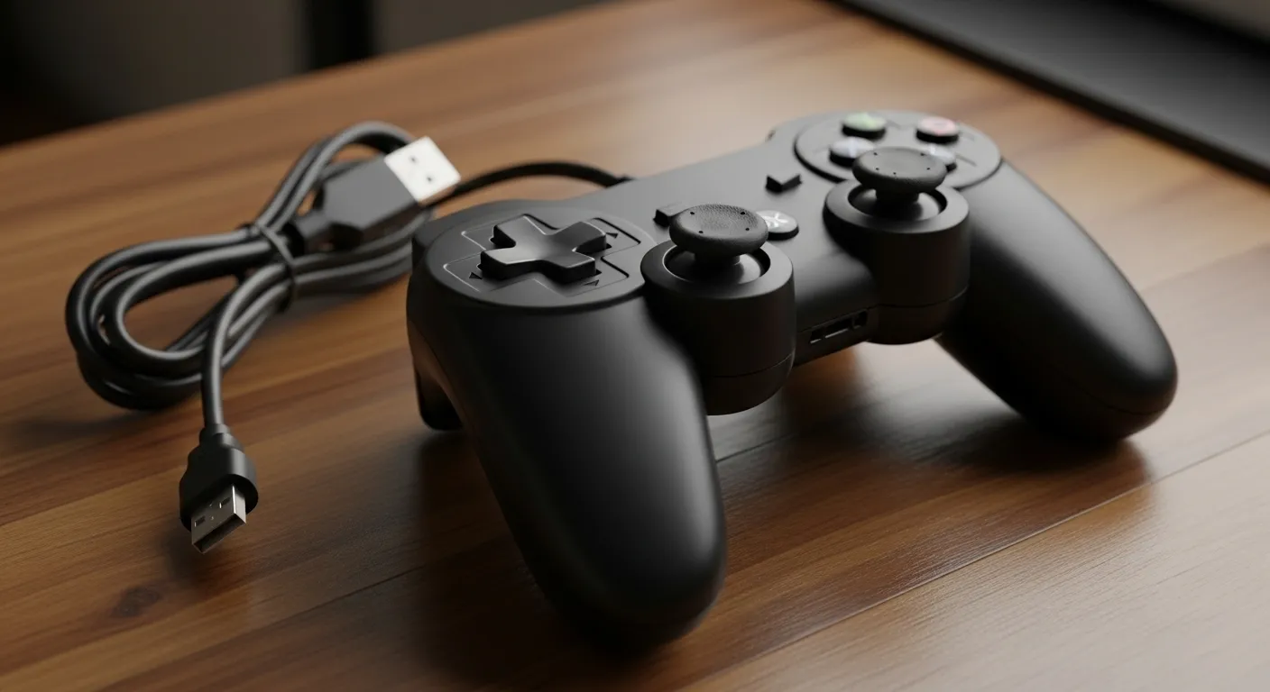 Close-up high-angle shot of a generic black game controller resting next to a USB cable on a wooden desk, soft ambient lighting highlighting the buttons