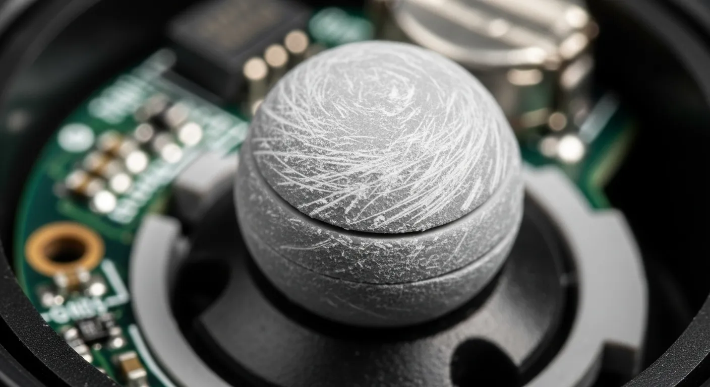 Close-up macro shot of an exposed analog stick sensor module showing dry, white plastic friction marks on the internal sphere without lubrication