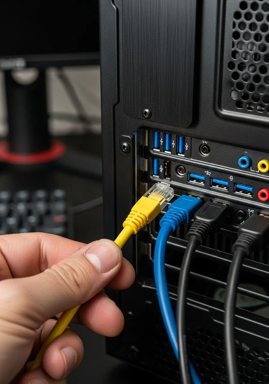 Close-up of a hand plugging a yellow Ethernet cable into a gaming PC port