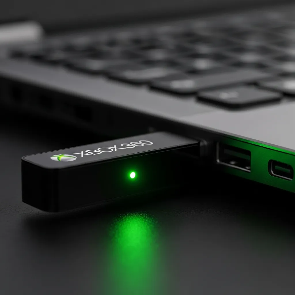 Close-up photo of an official Xbox 360 wireless receiver connected to a laptop USB port, with its green LED light glowing clearly against a dark background
