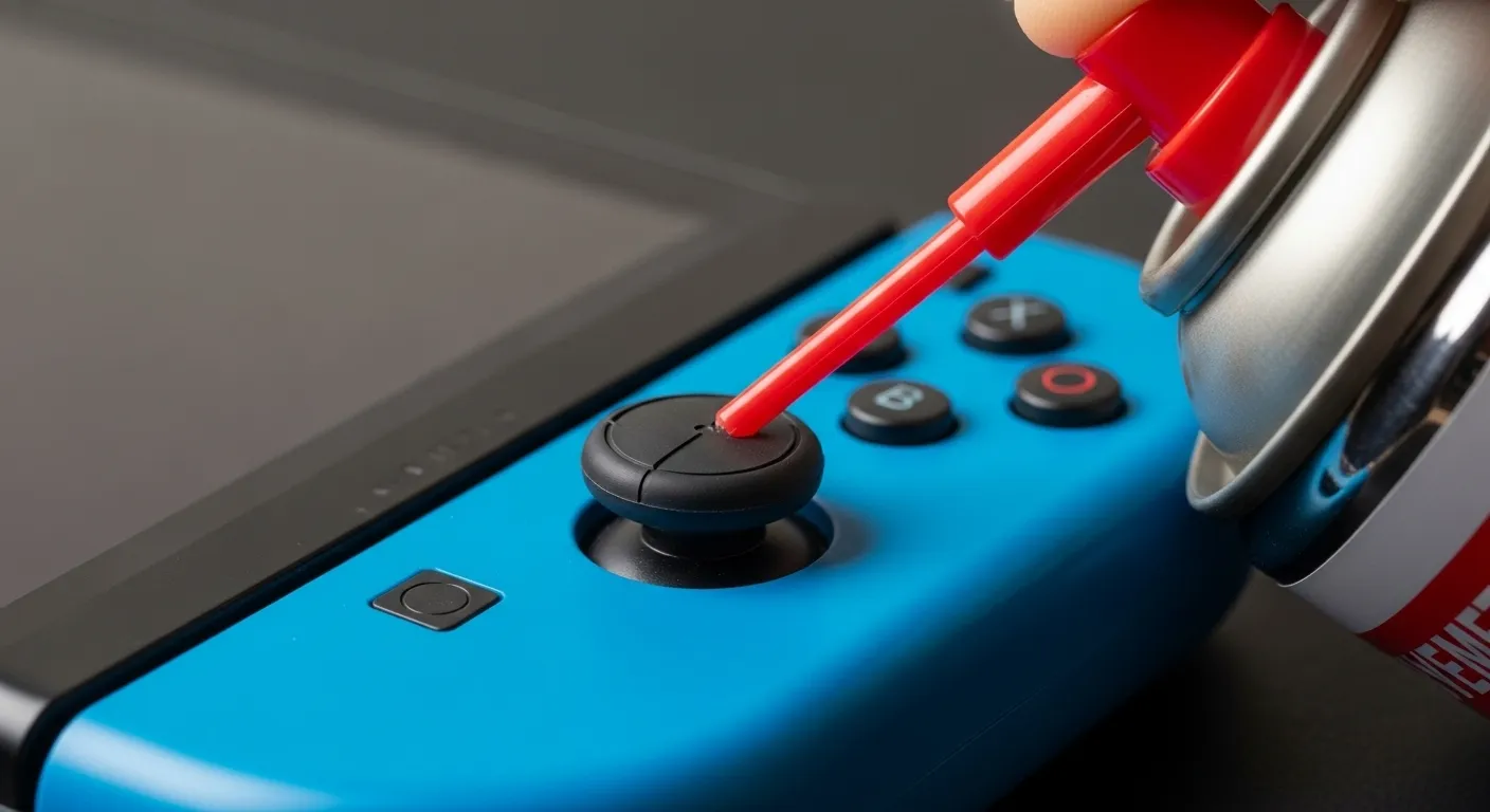Close-up shot of a can of electrical contact cleaner with a red straw nozzle being aimed under the rubber flap of a blue Joy-Con analog stick