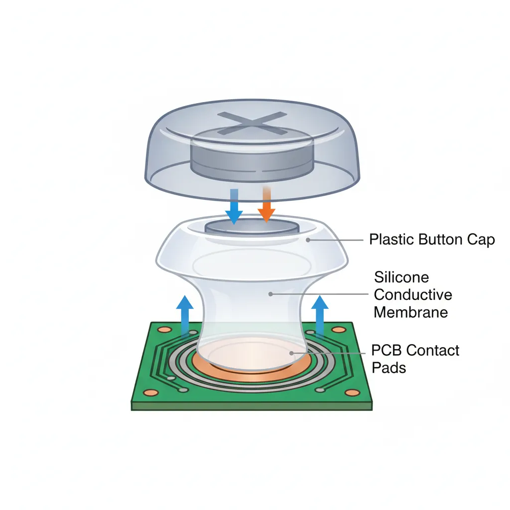 Cross-section diagram of a gamepad button assembly showing the plastic button, silicone membrane, and PCB contact.