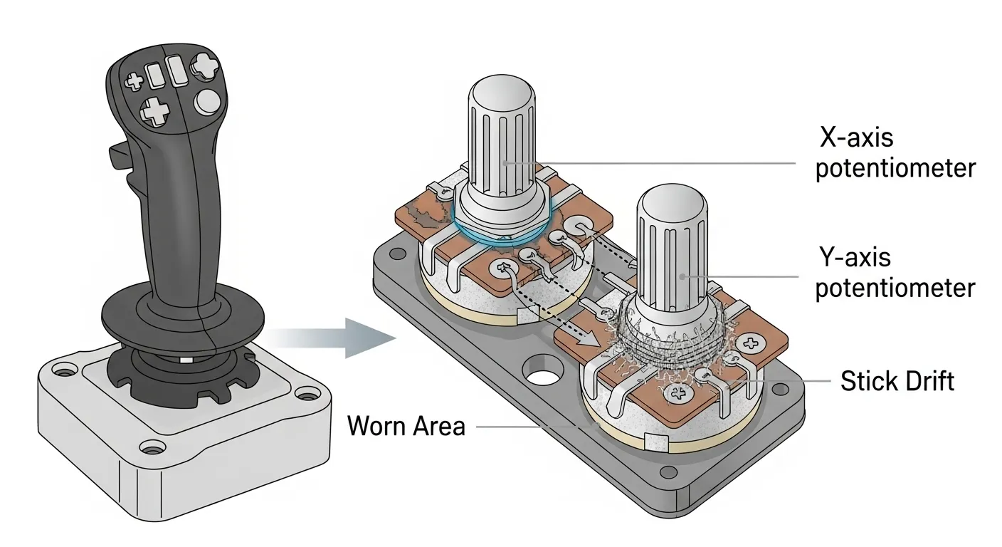 Diagram showing the wear and tear on a potentiometer joystick mechanism leading to stick drift. Bare minimum or no text