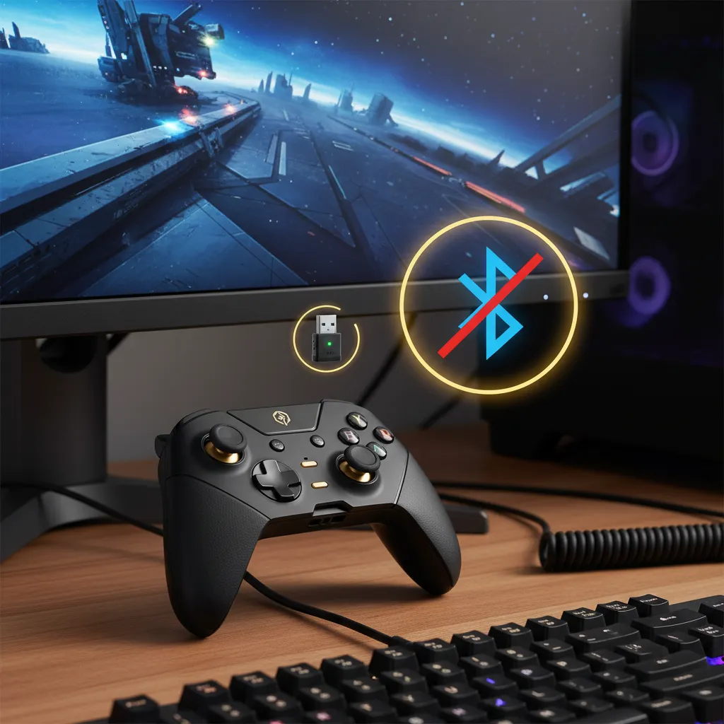 Flydigi Apex 2 controller next to a PC monitor, with a Bluetooth symbol crossed out and a 2.4GHz dongle highlighted.