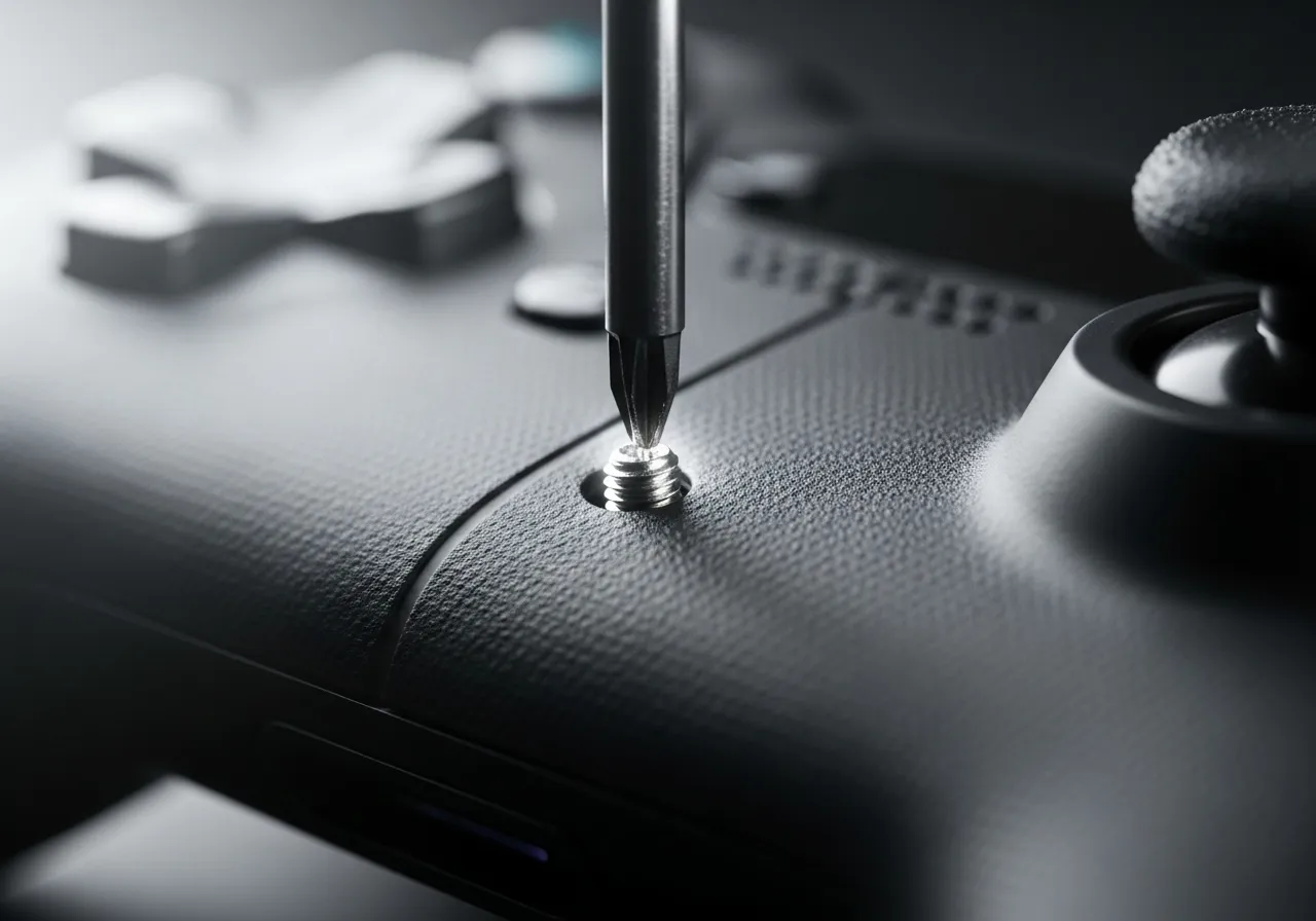 Macro photography shot of a precision screwdriver slightly loosening a screw on the back casing of a black gaming controller with soft lighting