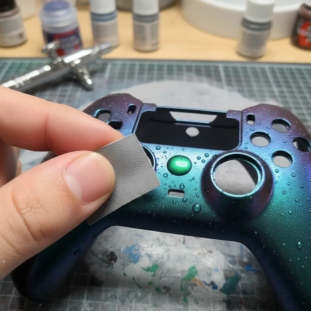 Macro shot of a custom painted controller shell, focusing on a small paint drip being carefully wet-sanded with fine-grit sandpaper.