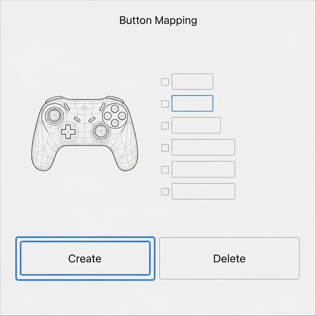 Screenshot of DualSenseX user interface showing the button mapping tab with the Create button highlighted, very basic, no text at all on the images no text very basic