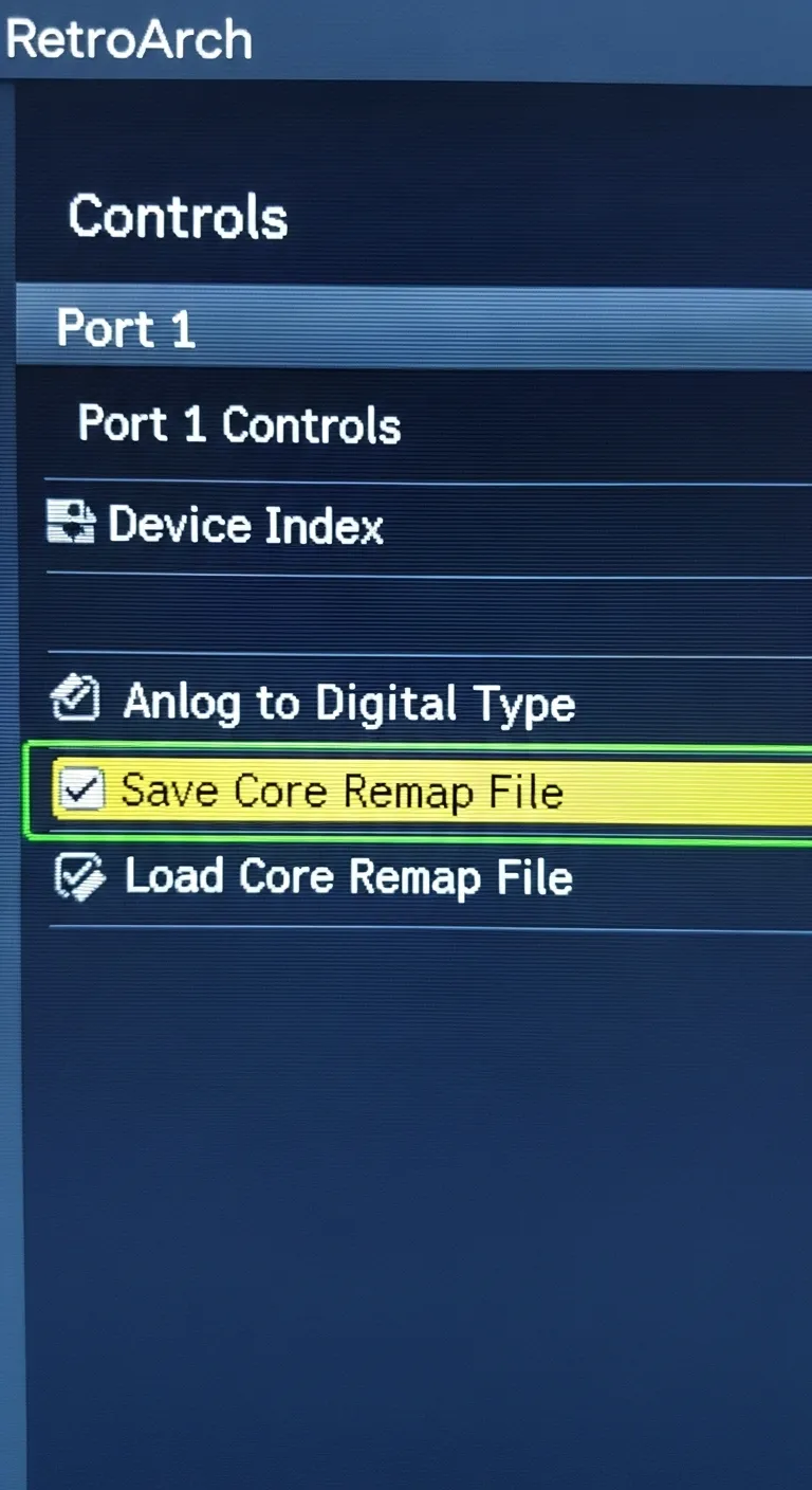 Screenshot of the RetroArch 'Controls' menu on a Raspberry Pi, highlighting the 'Save Core Remap File' option.
