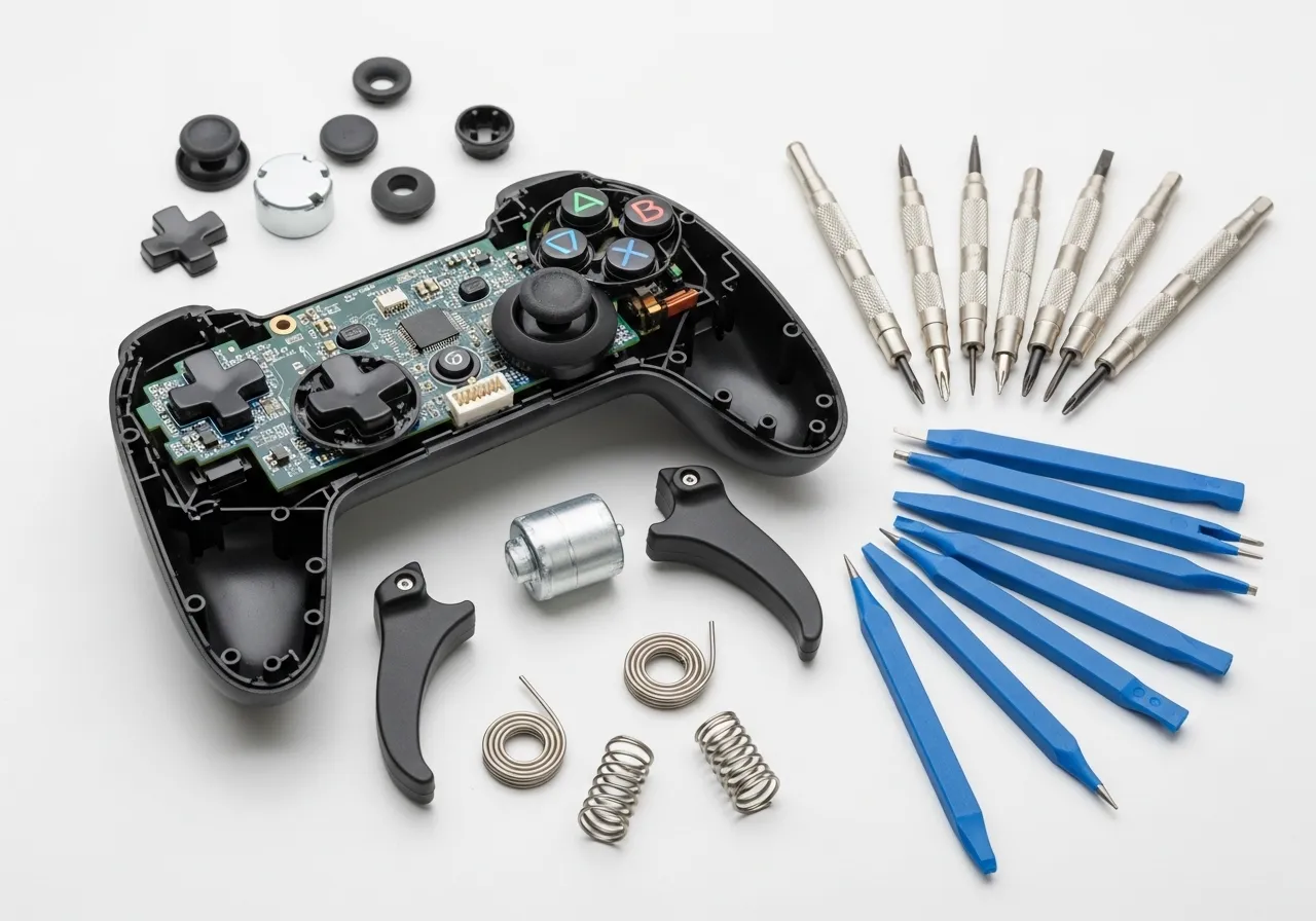 A flat-lay photography composition on a clean white workbench showing a disassembled controller, a set of precision screwdrivers, blue plastic prying tools, and two small metal torsion springs.