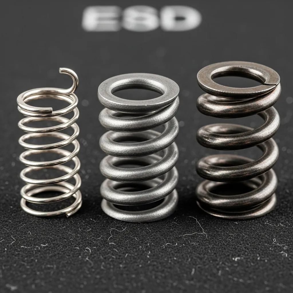 Close-up macro shot of three distinct spring types laid out on a dark anti-static mat, showing variations in coil thickness and metal finish